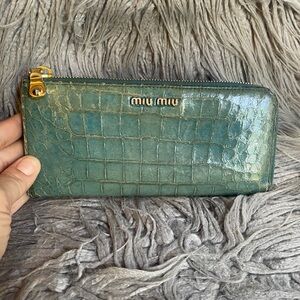 Miu Miu Croc-Embossed Green Zip Wallet with Gold Hardware